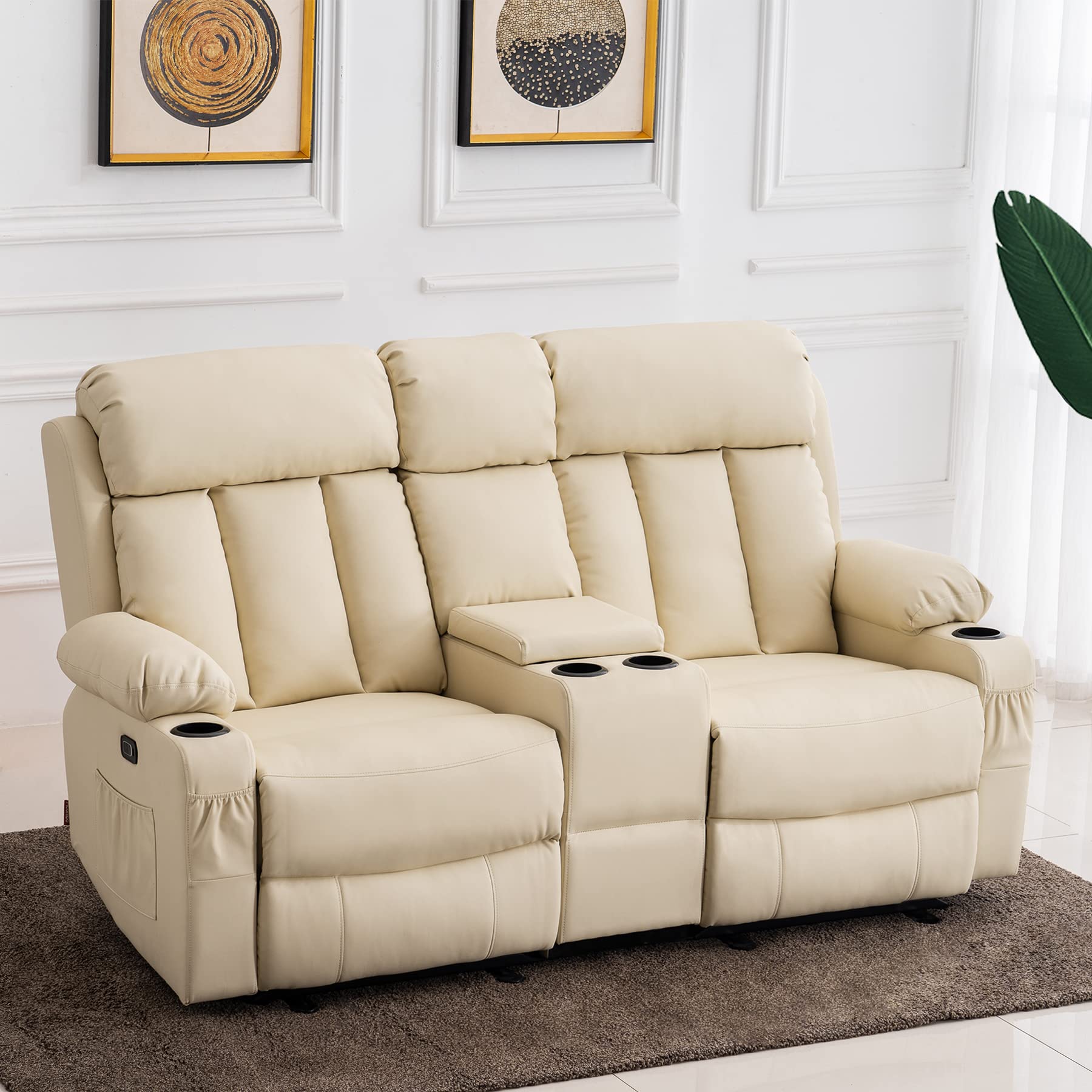 MCombo Electric Power Loveseat Recliner, Faux Leather Power Reclining Sofa with Heat and Massage, USB Ports, Cup Holders for Living Room 6095 (Cream White, Loveseat Recliner with Console)