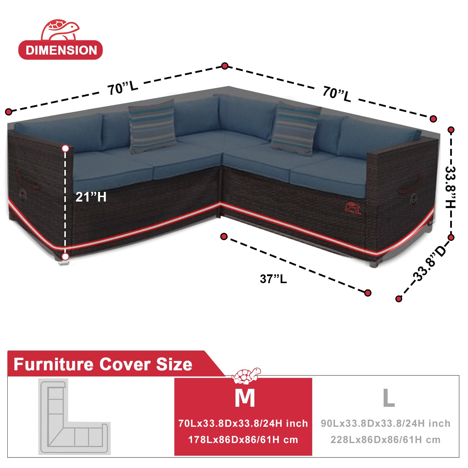 Turtle Life Patio Sectional Sofa Cover, Outdoor Heavy Duty Durable UV Water Resistant Anti-Fading V-Shaped Couch Cover, Black, 70" L (on Each Side) x 33.8" D x 33.8" H