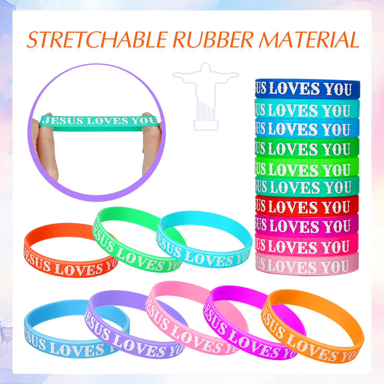 Jerify 200 Pcs Jesus Loves You Silicone Bracelet Christian Wristbands Bulk Bible Verse Rubber Bracelet Religious Colorful Bands for Party Favors Gifts Prizes(Printed)