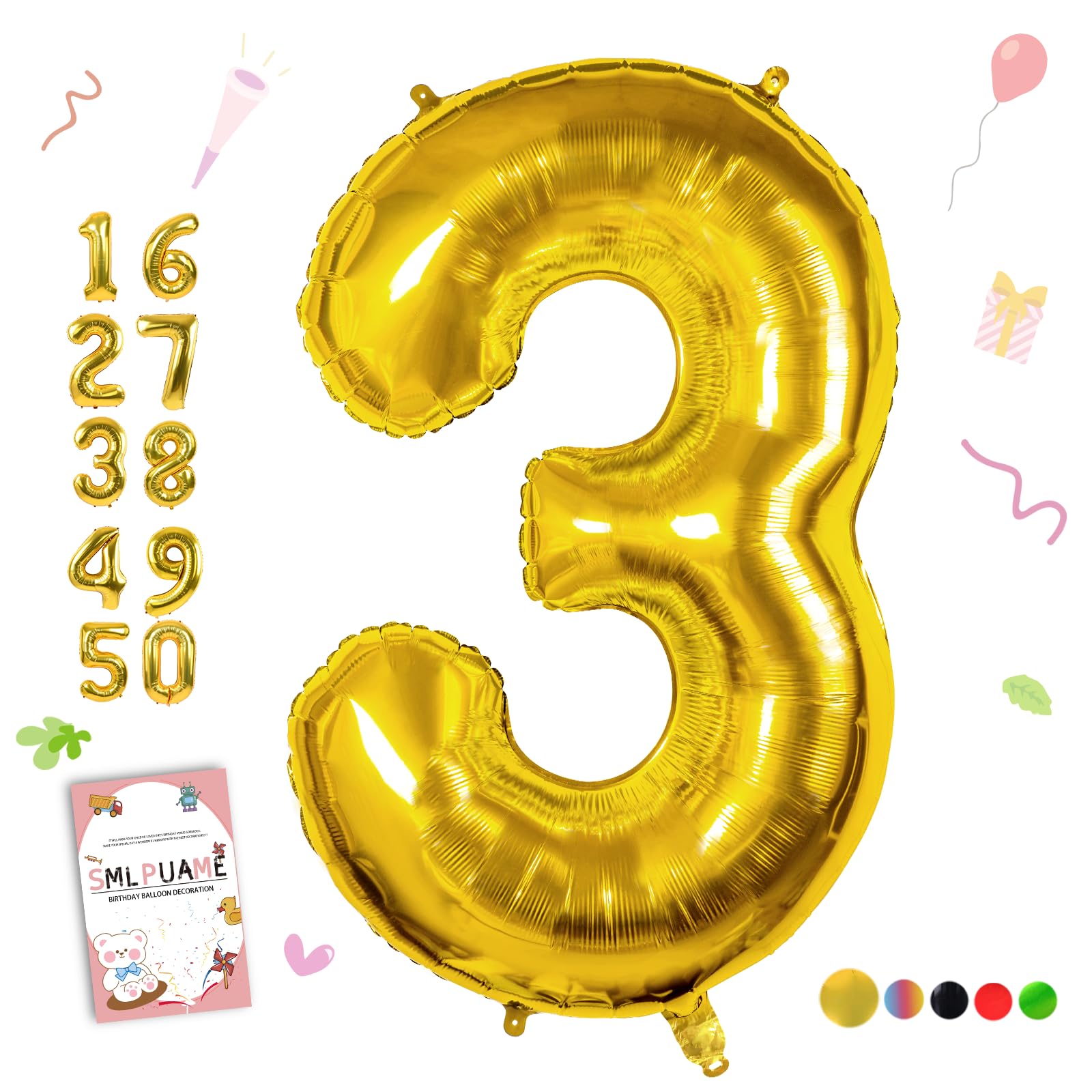 Smlpuame 40 inch Number Balloon 0-9 Gold Large Number 3 Balloons,Digital Balloons for Birthday Party Celebration Decorations Supplies, Helium Foil Number Balloons for Wedding Anniversary