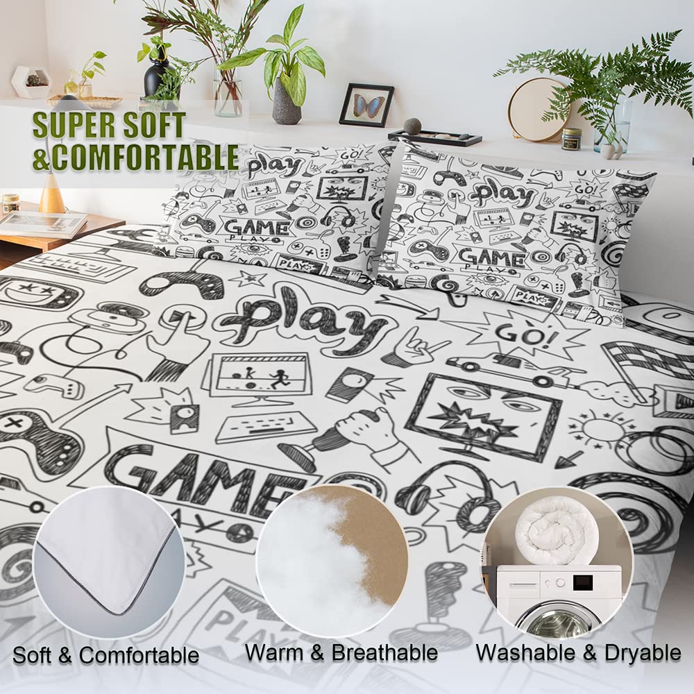 Vichonne Gaming Comforter Sets for Boys Teen Full Size,Kids Video Games Bedding Set Sketch Style Athletic Racing Game Design Bedroom Home Decor