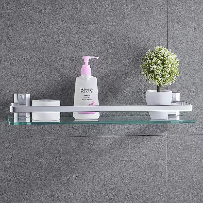 Melairy Bathroom Glass Shelf Tempered Glass Rectangular Extra Thick Aluminum Silver Sand Sprayed Wall Mounted 9.84 inches