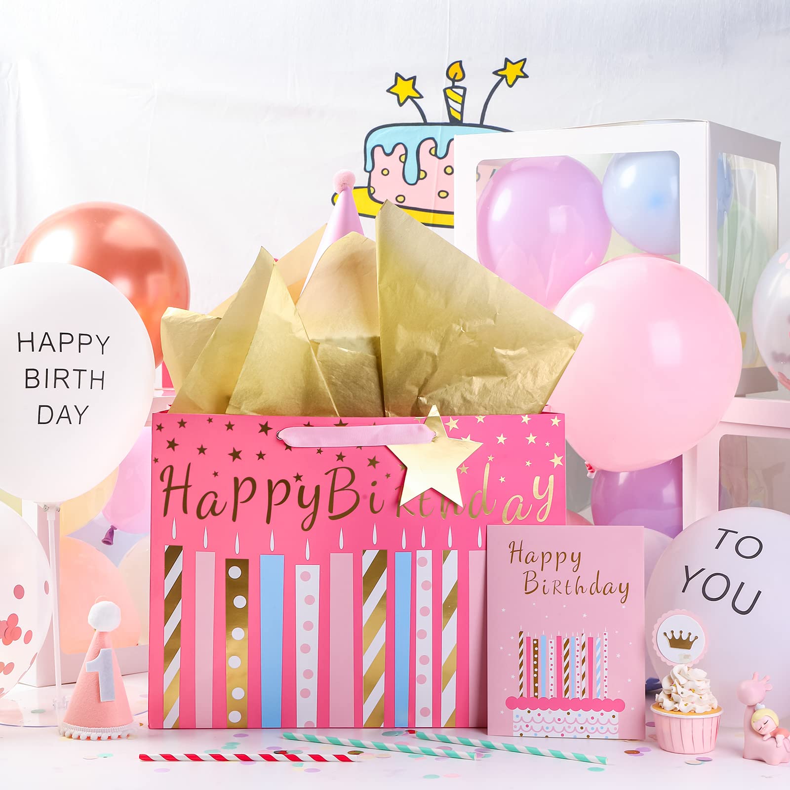 MAYPLUSS 16" Birthday Large Gift Bag with Greeting Card and Tissue Paper for Birhtday - Pink Gold Foil Candle Design