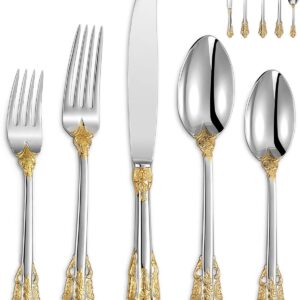 KEAWELL Luxury 45 Pieces 18/10 Stainless Steel Flatware set, Service for 8, silver plated with gold accents, Fine Silverware set and Dishwasher Safe