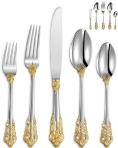 keawell luxury 65 pieces 18/10 stainless steel flatware set, service for 12, silver plated with gold accents, fine silverware set and dishwasher safe