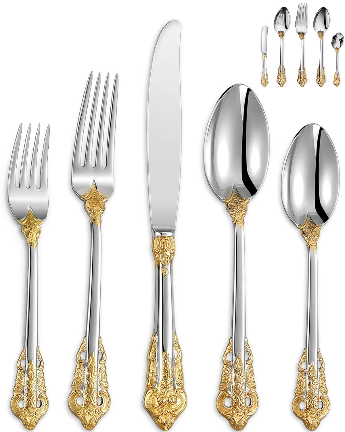 KEAWELL Luxury 65 Pieces 18/10 Stainless Steel Flatware set, Service for 12, silver plated with gold accents, Fine Silverware set and Dishwasher Safe