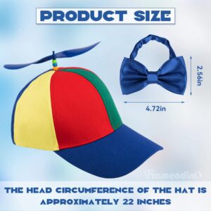 Framendino, Rainbow Propeller Hat Detachable Helicopter Top Cap Blue Brim Baseball Hats with Adjustable Blue Bow Tie for Adult Costumes