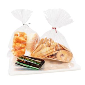 100pcs cellophane bags 8x10 inches, clear treat bags with 4’’ twist ties, plastic cello bags - 1.4 mils thick opp rice crispy bags for gift goodie favor candy cake pop birthday party cookies (8’’ x