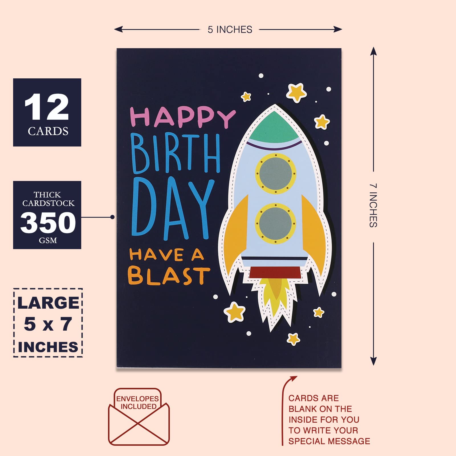 12 Large Kids Happy Birthday Cards 5 x 7 Inch – 12 Premium Children Birthday Cards For Him & Her with Illustrated Dogs, Cats, Space Rockets, Planets, and Cute Furry Characters Printed on Thick 350 GSM