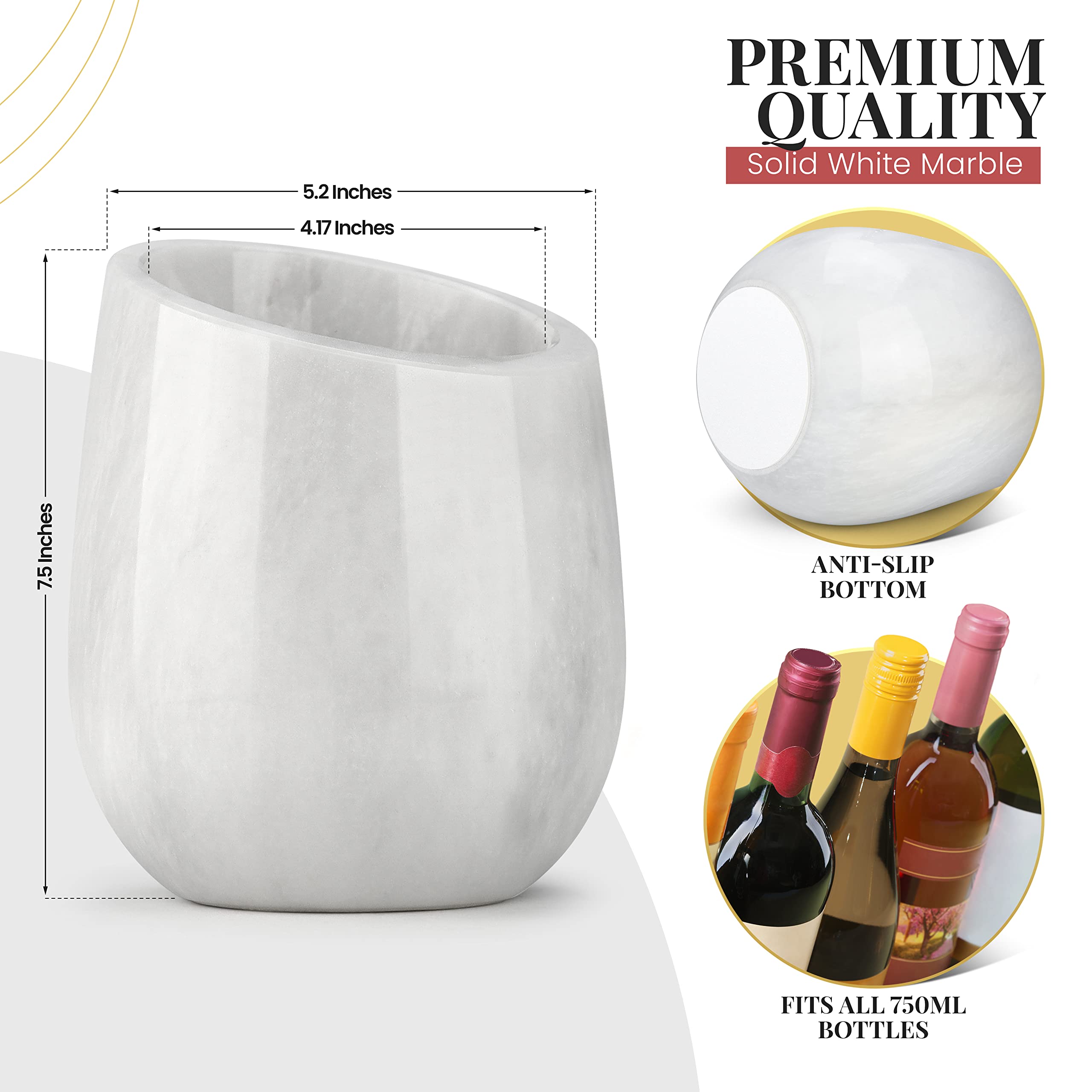 Gusto Nostro Marble Wine Chiller Bucket - 750ml Wine Bottle Cooler and Champagne Chiller for Party, Kitchen, Bar Cart Decor to Chill & Keep Bottles Cold with Unique Wine Lovers Gift Box (White)