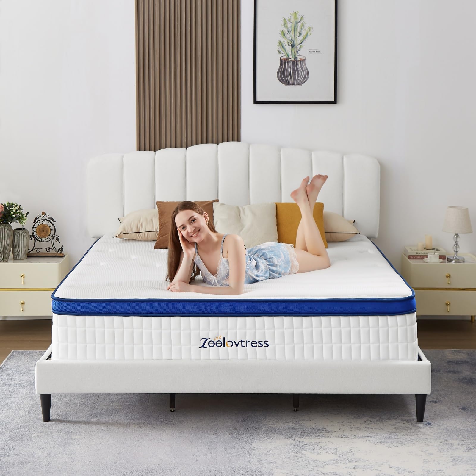 Zeelovtress 14 Inch Hybrid Queen Mattress, with Gel Memory Foam, Lyocell Fabric, and Individual Pocket Coils, Medium Firmness for Pain Pressure Relief, CertiPUR-US, 120 Nights Trial