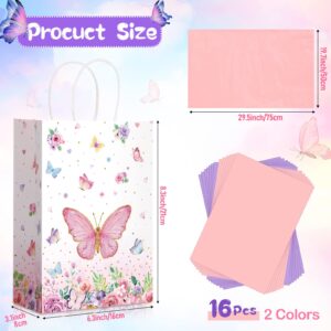 16 Pack Butterfly Goodie Bags, Butterfly Party Favor Bags with Handles and Sydney Paper Pink Purple Birthday Present Bags Butterfly Party Supplies for Kids Birthday Baby Shower Party Decorations