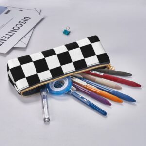 Ykklima Black White Race Checkered Flag Pattern Leather Pencil Case Zipper Pen Makeup Cosmetic Holder Pouch Stationery Bag for School, Work, Office