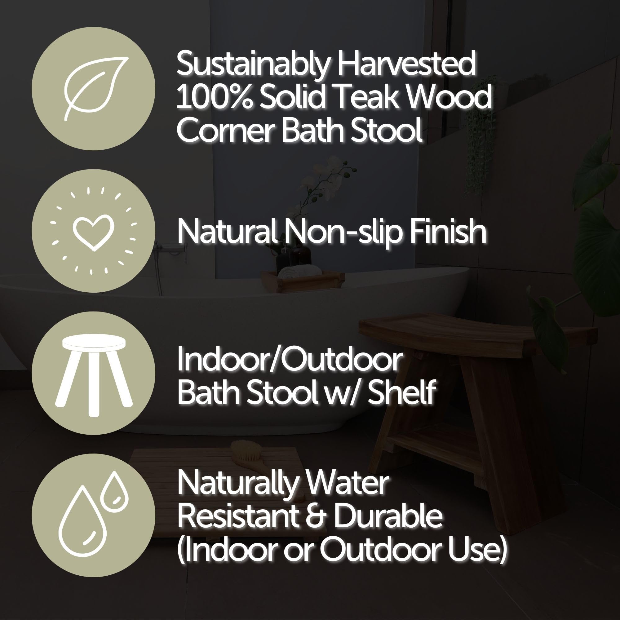 NORDIC STYLE TEAK Shower and Bath Stool, Teak Wood Shower Bench, Indoor and Outdoor Use 17.7" (Natural Finish w/Curved Seat)