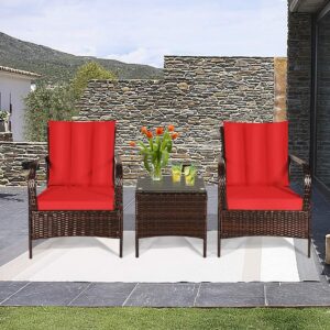 HAPPYGRILL 3-Piece Patio Conversation Set Outdoor Rattan Wicker Furniture Set with Coffee Table, PE Wicker Sofa Set with Soft Cushion & Back Pillow for Patio Garden Poolside