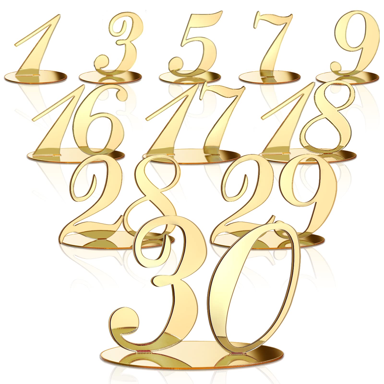 30 Pcs Table Numbers Gold Wedding Table Numbers for Reception Acrylic Banquets Table Numbers with Stand Holder Elegant Mirror Table Numbers for Wedding Party Birthday Anniversary Event Catering Decor