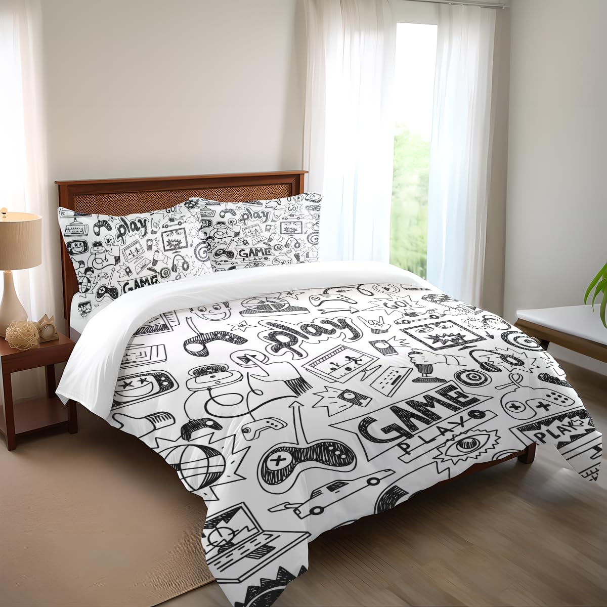 Vichonne Gaming Comforter Sets for Boys Teen Full Size,Kids Video Games Bedding Set Sketch Style Athletic Racing Game Design Bedroom Home Decor