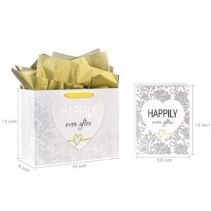 MAYPLUSS 16" Large Gift Bag with Greeting Card and Tissue Paper for Wedding - Silver Design