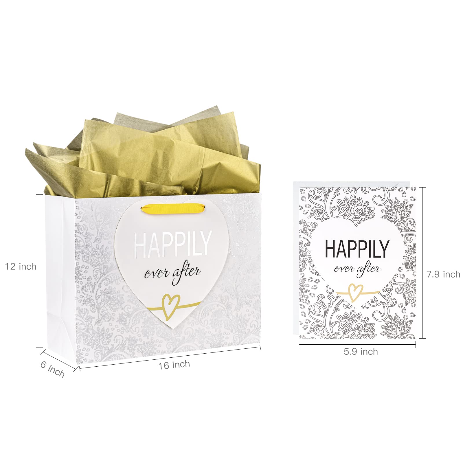 MAYPLUSS 16" Large Gift Bag with Greeting Card and Tissue Paper for Wedding - Silver Design