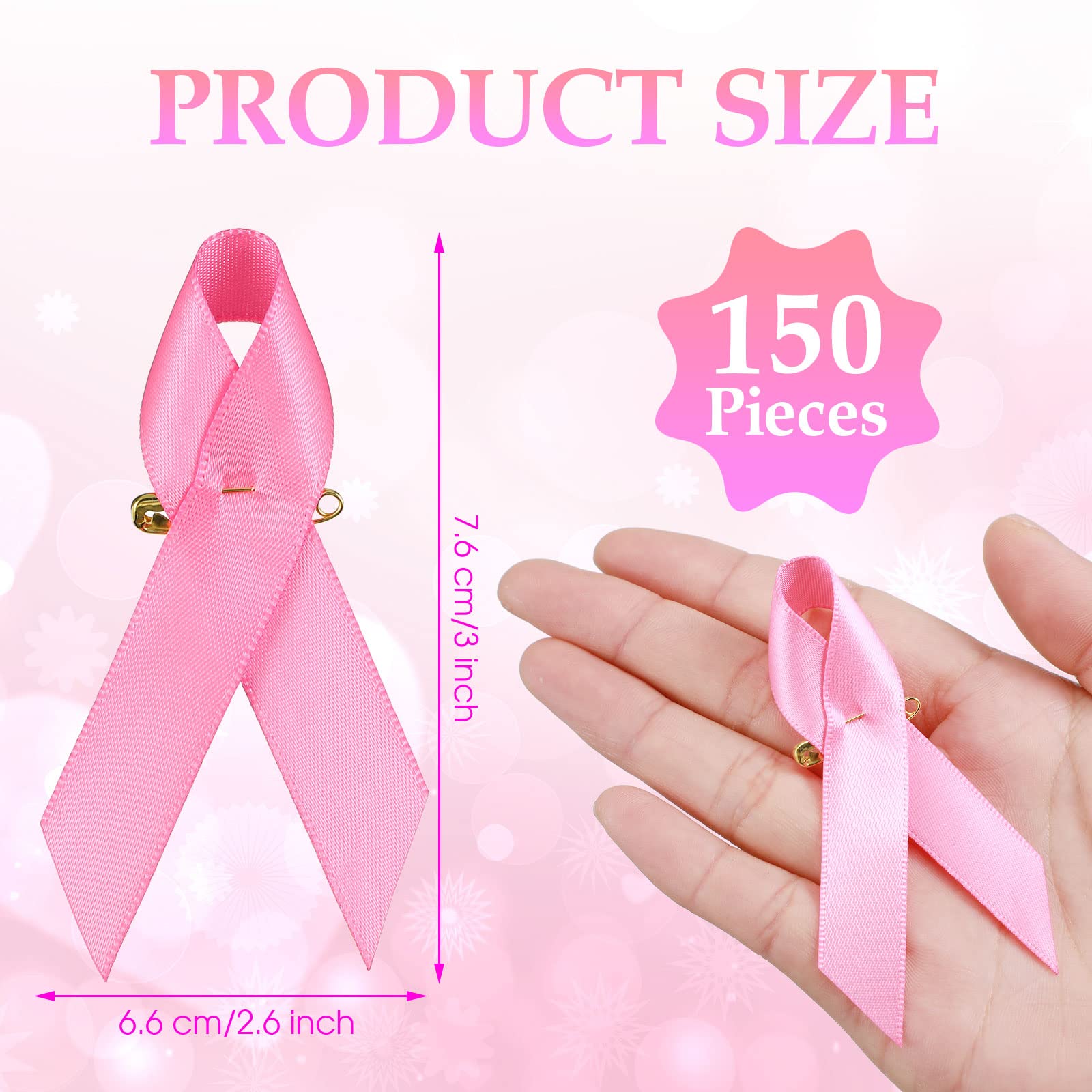 Yunsailing 150 Pcs Breast Cancer Ribbons Pink Ribbon Pins Breast Cancer Awareness Satin Pins Bulk with Safety Pins for Breast Cancer Charity Event Fundraising Campaign Party Supplies, 3 x 2.6 Inches