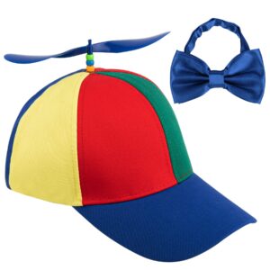 framendino, rainbow propeller hat detachable helicopter top cap blue brim baseball hats with adjustable blue bow tie for adult costumes