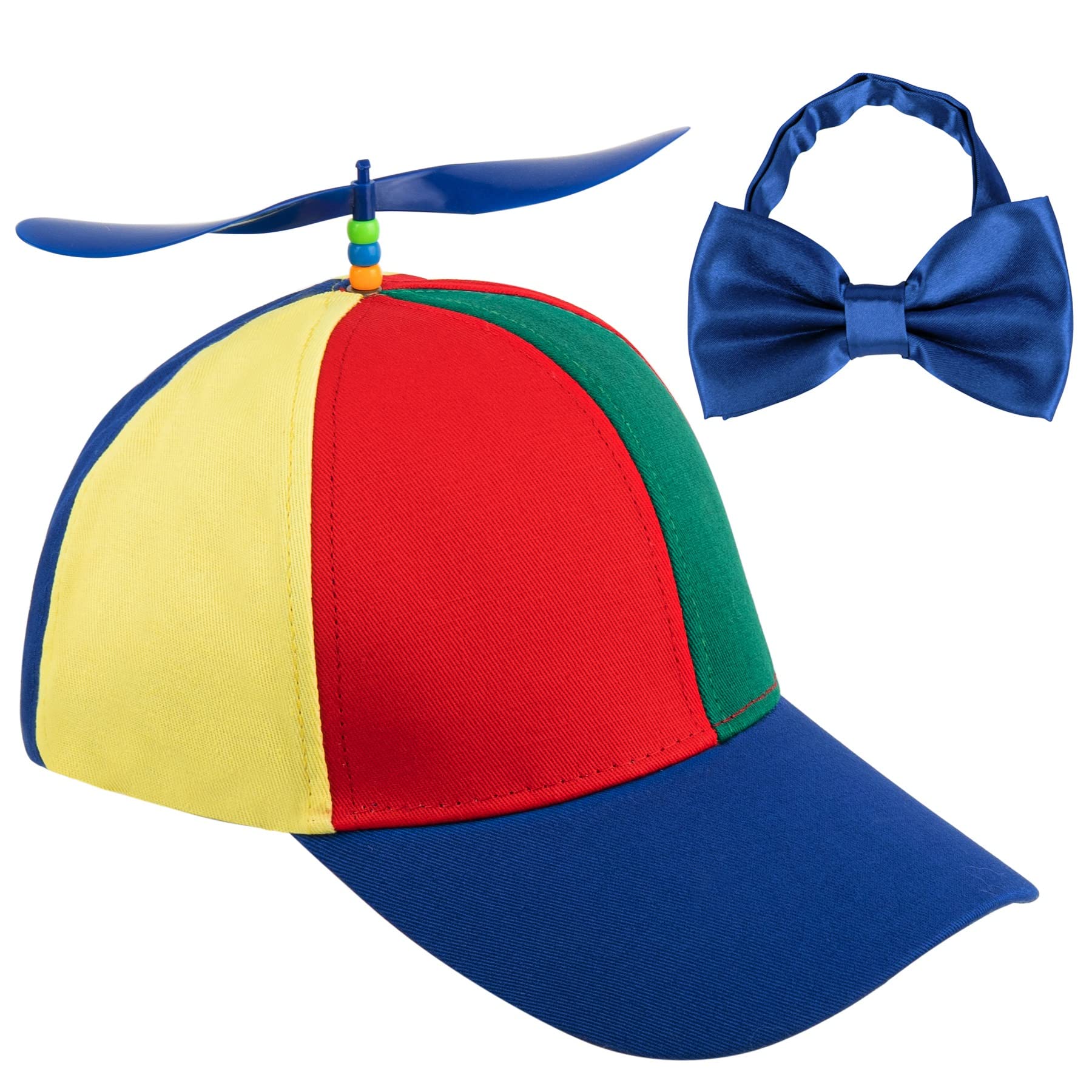 Framendino, Rainbow Propeller Hat Detachable Helicopter Top Cap Blue Brim Baseball Hats with Adjustable Blue Bow Tie for Adult Costumes