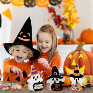 4 Pieces Halloween Ghost Decor Wooden Ghost Theme Table Centerpieces Cute Ghost Decor Trick or Treat Candy Sign Blocks for Home Shelf Party