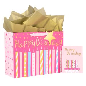 maypluss 16" birthday large gift bag with greeting card and tissue paper for birhtday - pink gold foil candle design