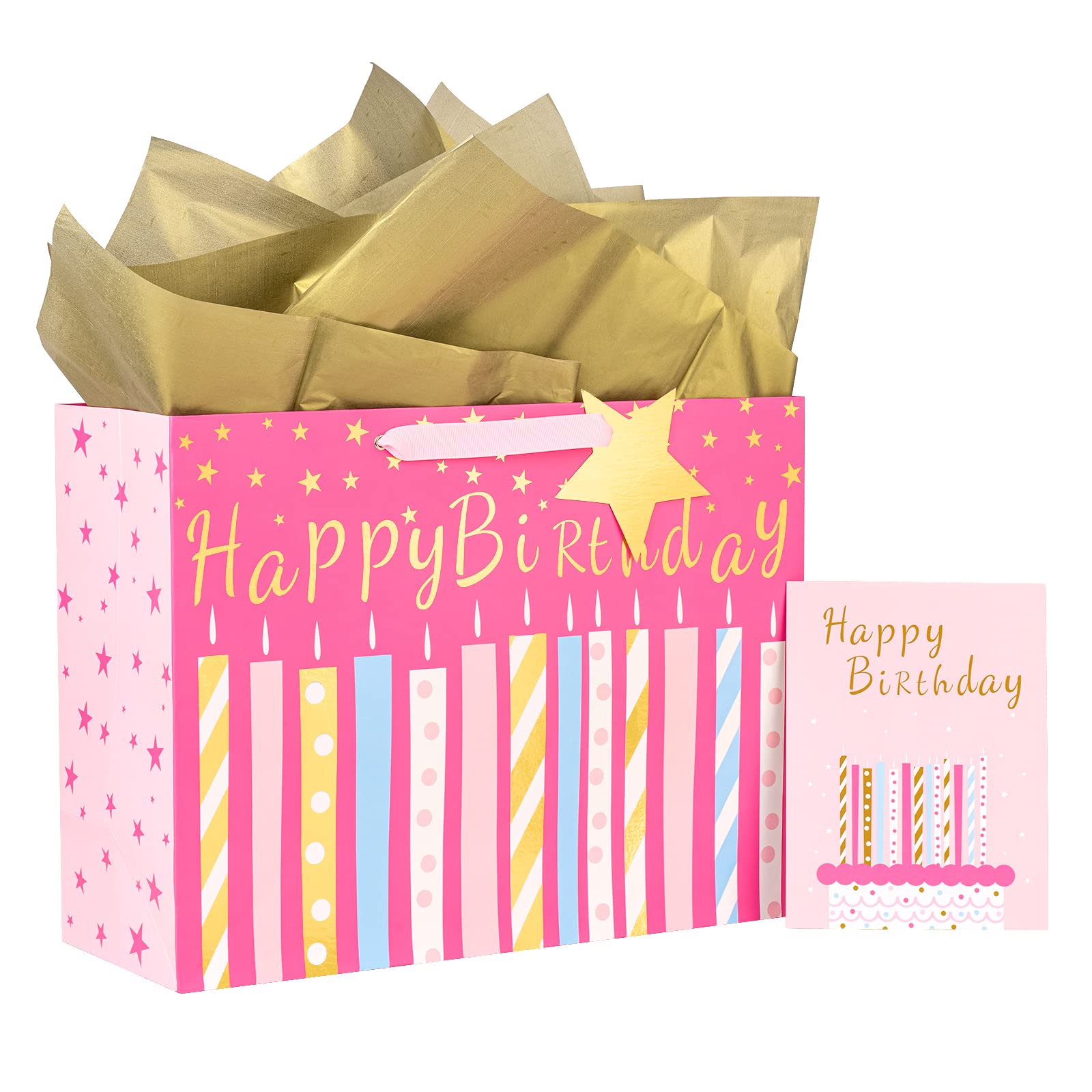 MAYPLUSS 16" Birthday Large Gift Bag with Greeting Card and Tissue Paper for Birhtday - Pink Gold Foil Candle Design