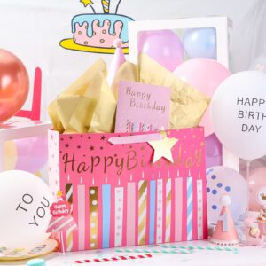 MAYPLUSS 16" Birthday Large Gift Bag with Greeting Card and Tissue Paper for Birhtday - Pink Gold Foil Candle Design