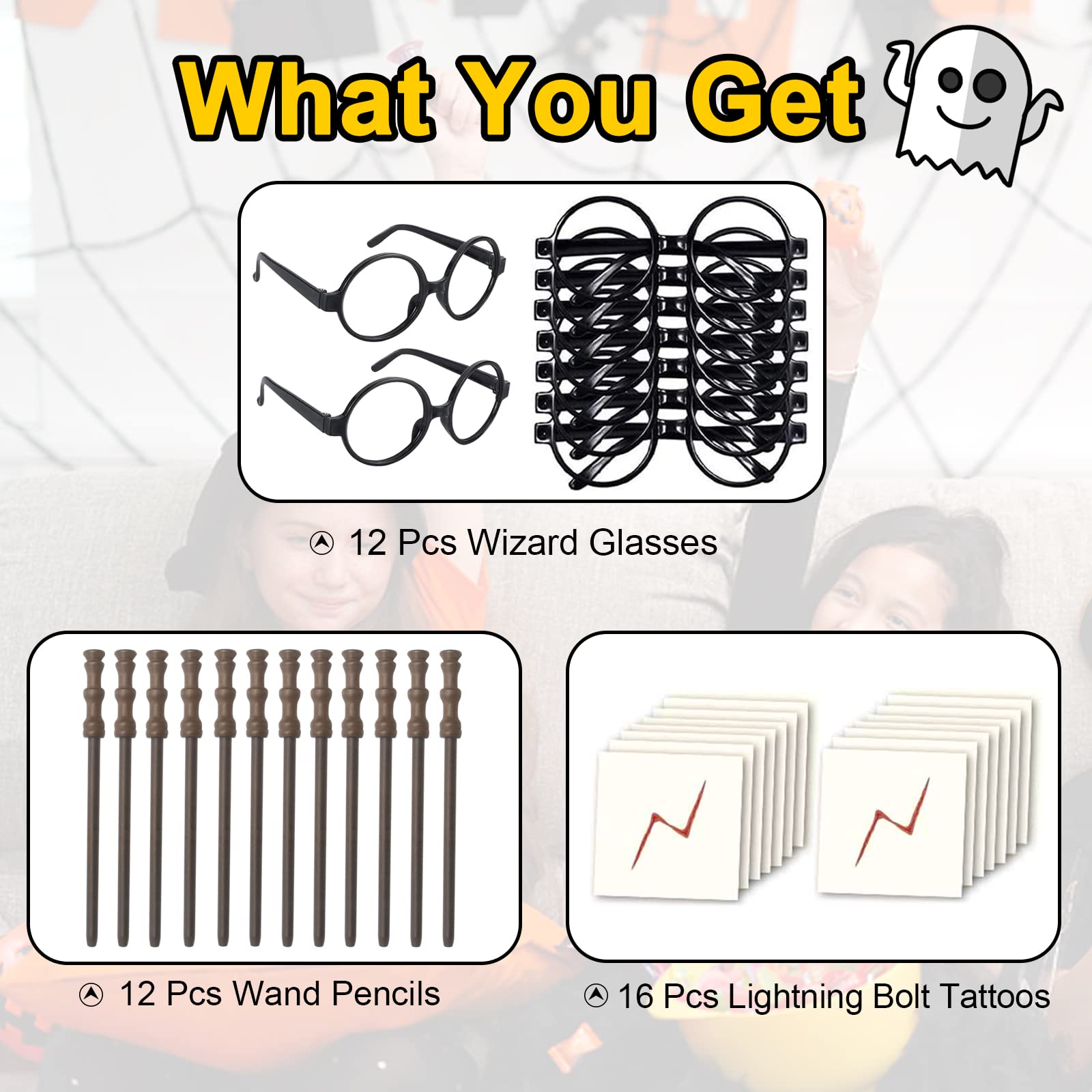 YoHold Wizard Party Supplies Set - Wand Pencils,Wizard Glasses with No Lenses,Lightning Bolt Scar Temporary Tattoo, Gifts for Magic Birthday Party Favors,School Reward,Halloween Decor,12pcs each