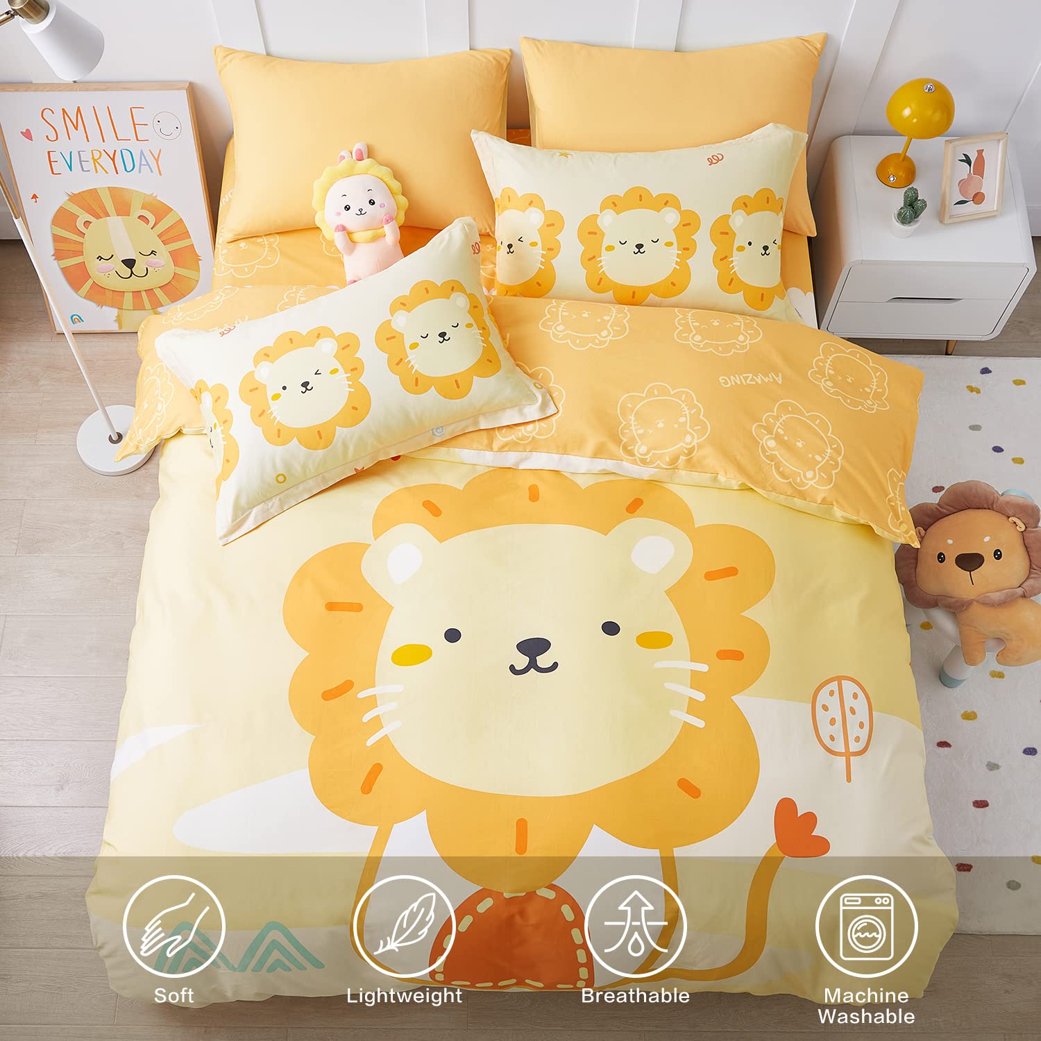 SAPHREAS Lion Kids Duvet Cover Set Twin Size 4pcs with Fitted Sheet Yellow Cute Animal Cartoon Pattern Comforter Cover Set 100% Cotton Quilt Cover 1pc Fitted Sheet 1pc Pillow Shams 2pcs(No Comforter)