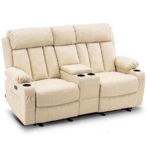 mcombo electric power loveseat recliner, faux leather power reclining sofa with heat and massage, usb ports, cup holders for living room 6095 (cream white, loveseat recliner with console)