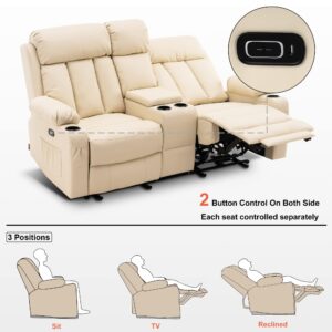 MCombo Electric Power Loveseat Recliner, Faux Leather Power Reclining Sofa with Heat and Massage, USB Ports, Cup Holders for Living Room 6095 (Cream White, Loveseat Recliner with Console)