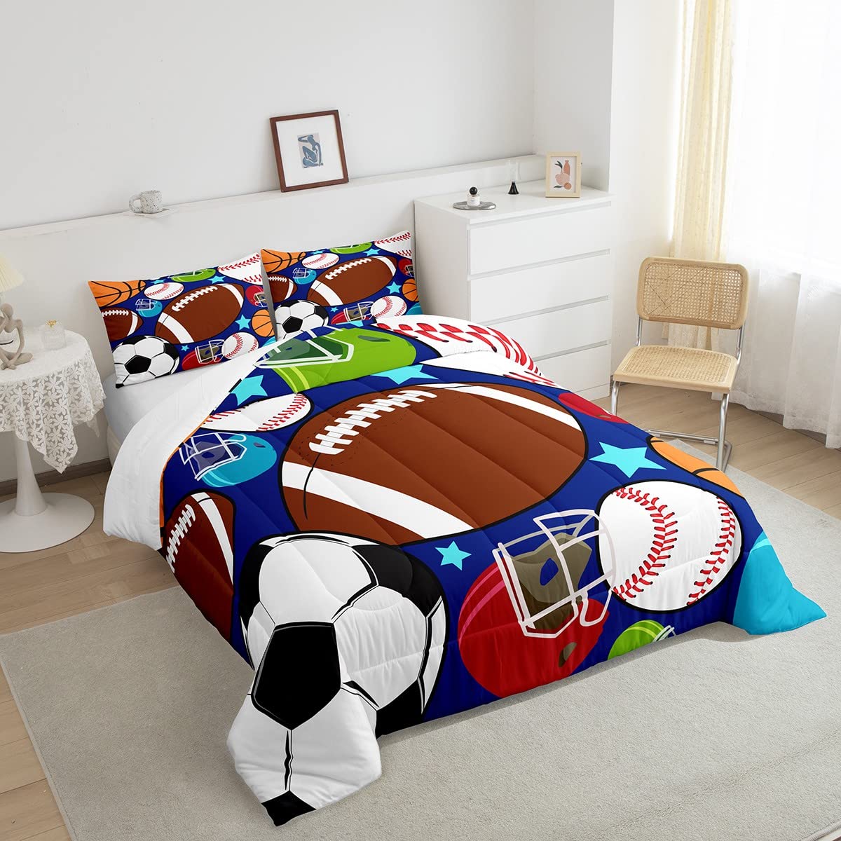 jejeloiu Kids Sports Comforter Set Football Basketball Tennis Baseball Bedding Boys Teens Sports Comforter with 1 Pillowcase(Twin)