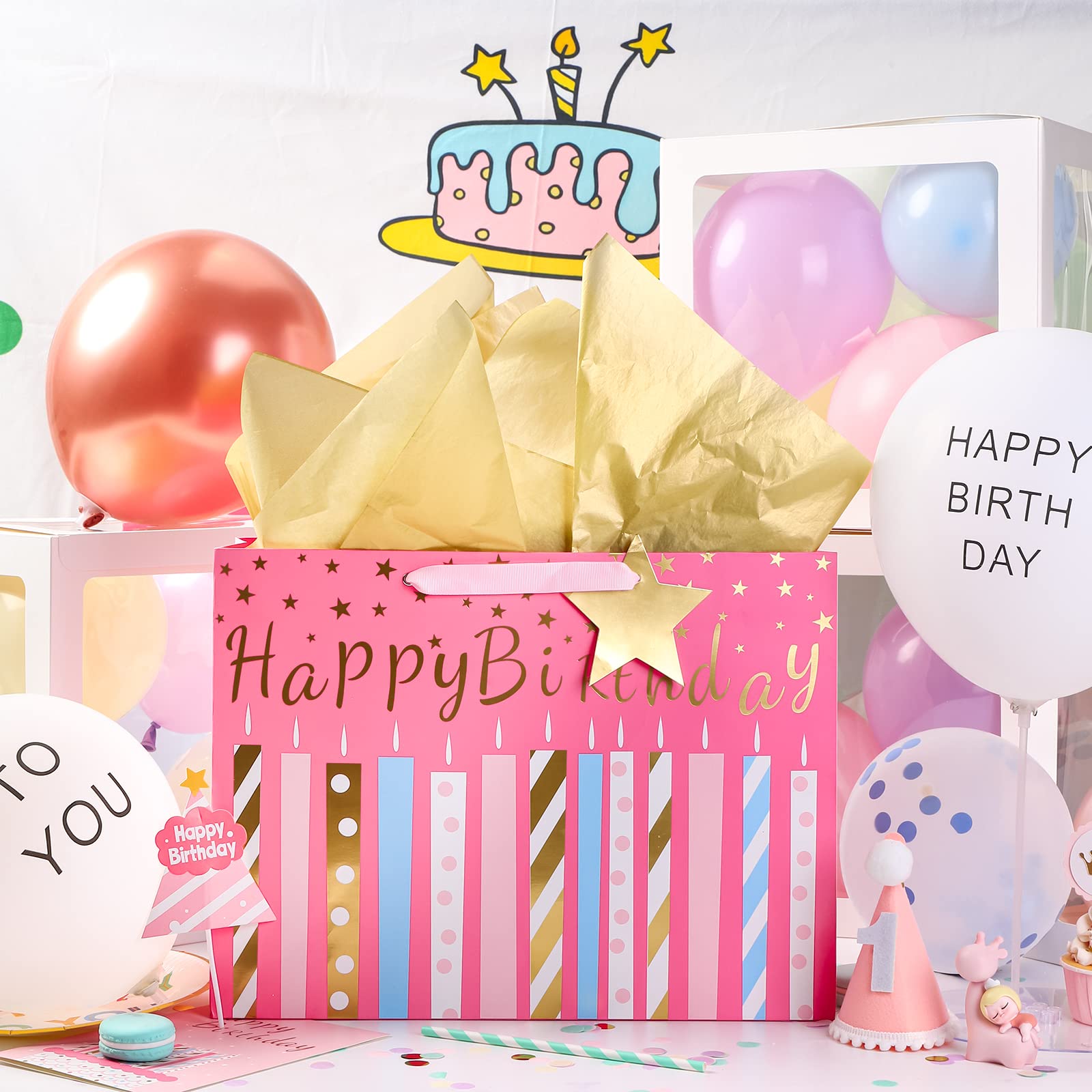 MAYPLUSS 16" Birthday Large Gift Bag with Greeting Card and Tissue Paper for Birhtday - Pink Gold Foil Candle Design