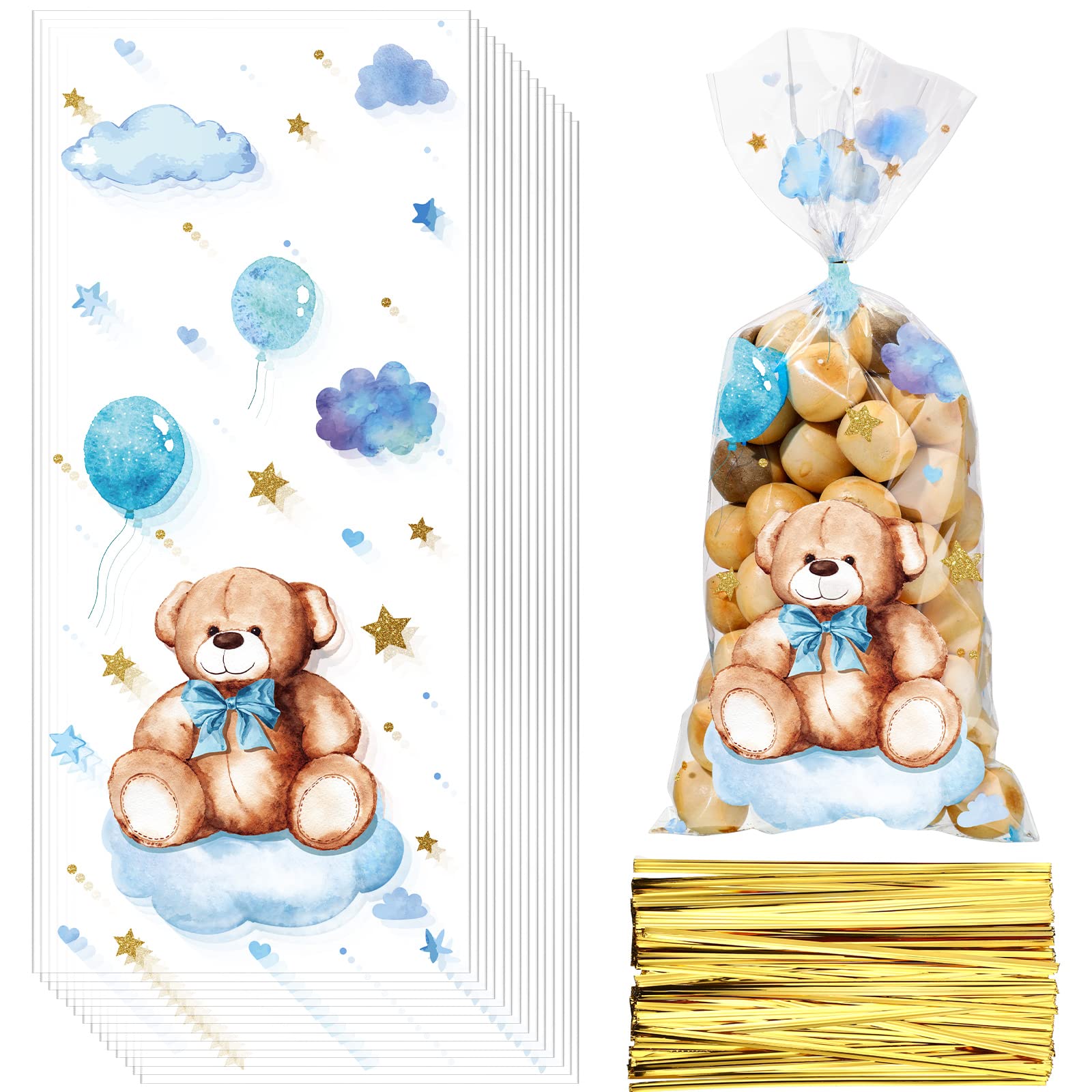 Maitys 100 Pieces Bear Baby Shower Treats Cellophane Bags Plastic Goodie Candy Bags with 100 Gold Twist Ties Gift Bags for Gender Reveal Birthday Party Favors (Blue,Sweet Style)