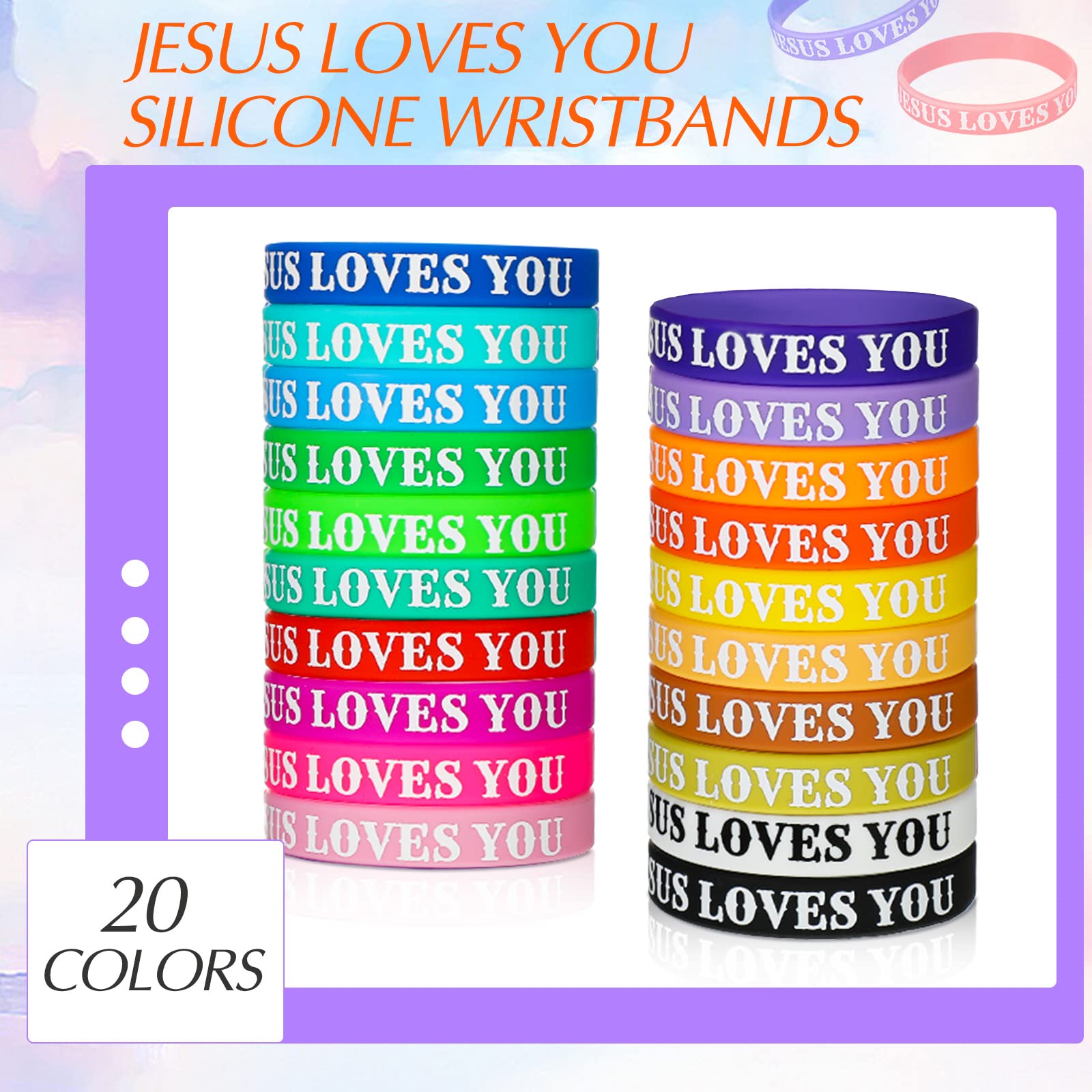 Jerify 200 Pcs Jesus Loves You Silicone Bracelet Christian Wristbands Bulk Bible Verse Rubber Bracelet Religious Colorful Bands for Party Favors Gifts Prizes(Printed)