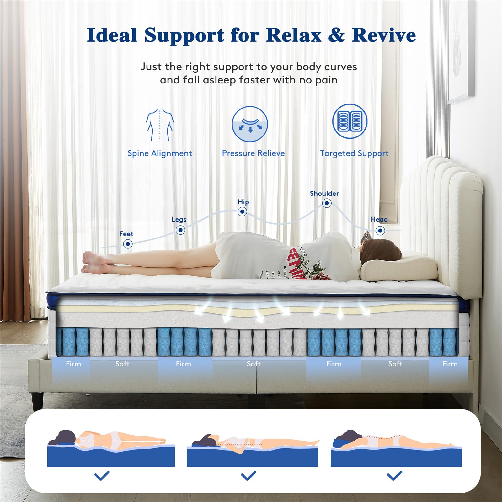 Zeelovtress 14 Inch Hybrid Queen Mattress, with Gel Memory Foam, Lyocell Fabric, and Individual Pocket Coils, Medium Firmness for Pain Pressure Relief, CertiPUR-US, 120 Nights Trial