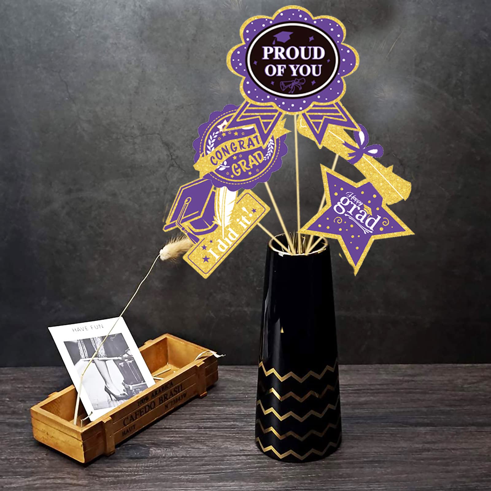 Graduation Party Decorations Purple Gold 2024/Purple Graduation Decorations Class of 2024 NYU Table Centerpieces-24Pcs Purple Gold Black Graduation Sticks Table Toppers for Graduation