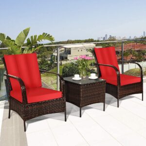 HAPPYGRILL 3-Piece Patio Conversation Set Outdoor Rattan Wicker Furniture Set with Coffee Table, PE Wicker Sofa Set with Soft Cushion & Back Pillow for Patio Garden Poolside