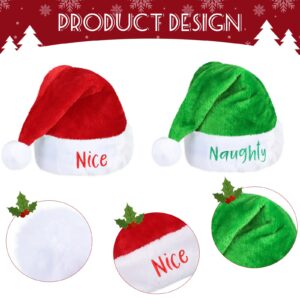 2 Pieces Naughty and Nice Plush Christmas Santa Hats Buffalo Plaid Holiday Hat for Christmas Party Supplies (Red, Green, Adult Size)