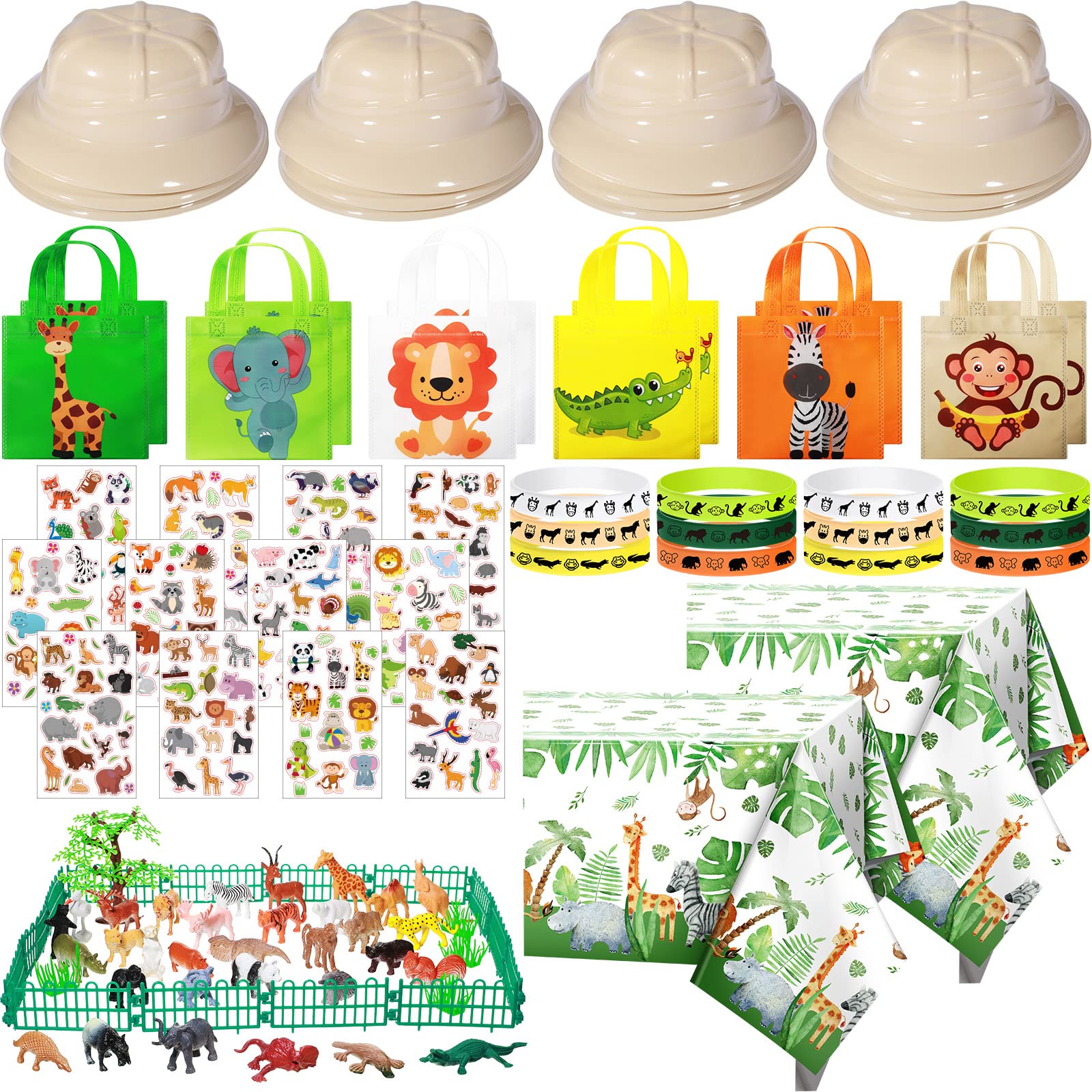 103 Pcs Safari Animal Kids Zoo Themed Party Supplies Favor Bulk Included Pith Hat Jungle Animal Plastic Tablecloth Tote Bags Silicone Bracelet Animal Stickers Mini Animal Figurines for Kids Birthday