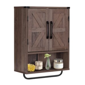 rustown farmhouse wall storage cabinet with two barn door, rustic mounted medicine cabinet with adjustable shelf and towel bar, 3-tier wood cabinet for kitchen, bathroom, living room (washed oak)