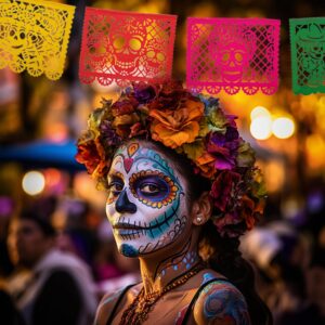 Mexican Party Banners (5 Pack - 10 Plastic Flag Designs per Banner) - Papel Picado Dia de Los Muertos Decorations for Altar - Day of The Dead Banners - Day of Dead Décor