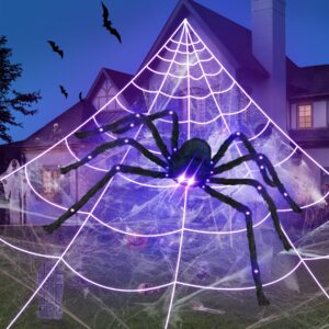 4.1ft giant led halloween spider with 24.6ft spider web, light-up purple eyes & joints, outdoor yard decoration with ground stakes & gutter hook, durable & realistic wall decor for halloween party