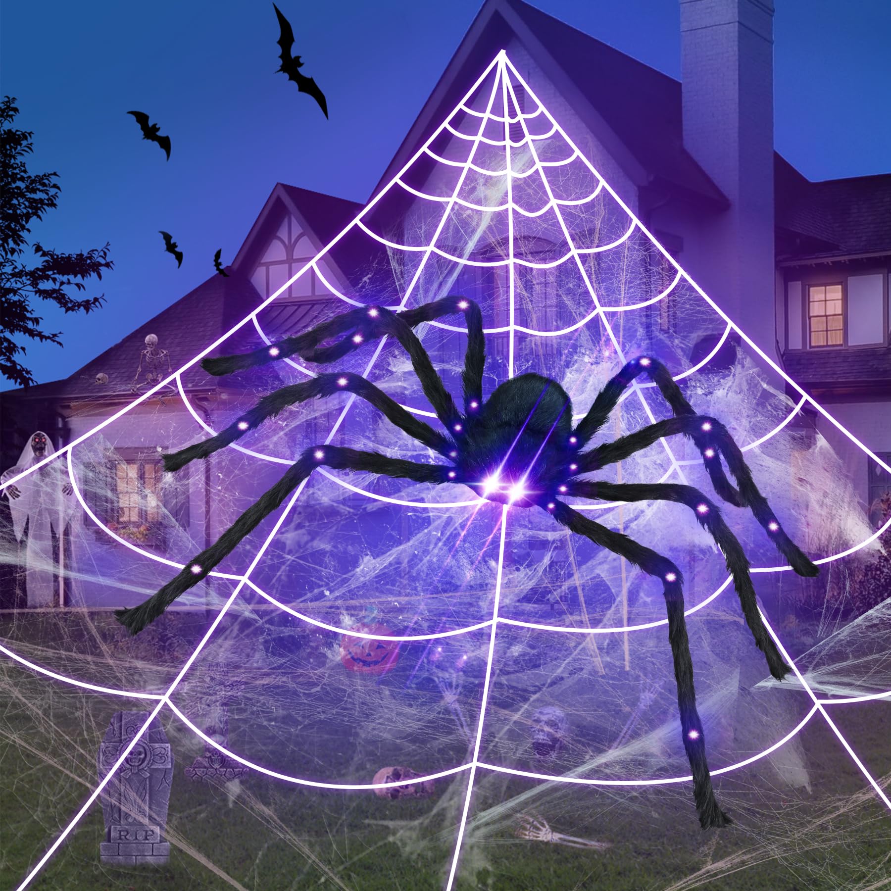 4.1FT Giant LED Halloween Spider with 24.6FT Spider Web, Light-Up Purple Eyes & Joints, Outdoor Yard Decoration with Ground Stakes & Gutter Hook, Durable & Realistic Wall Decor for Halloween Party