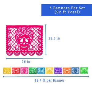 Mexican Party Banners (5 Pack - 10 Plastic Flag Designs per Banner) - Papel Picado Dia de Los Muertos Decorations for Altar - Day of The Dead Banners - Day of Dead Décor