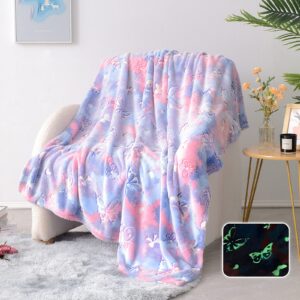 yaning glow in the dark butterfly blanket, soft cozy cute fluffy luminous blanket for kids girls teens gift, purple, 50x60 inches