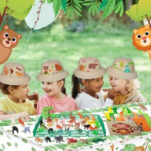 103 Pcs Safari Animal Kids Zoo Themed Party Supplies Favor Bulk Included Pith Hat Jungle Animal Plastic Tablecloth Tote Bags Silicone Bracelet Animal Stickers Mini Animal Figurines for Kids Birthday